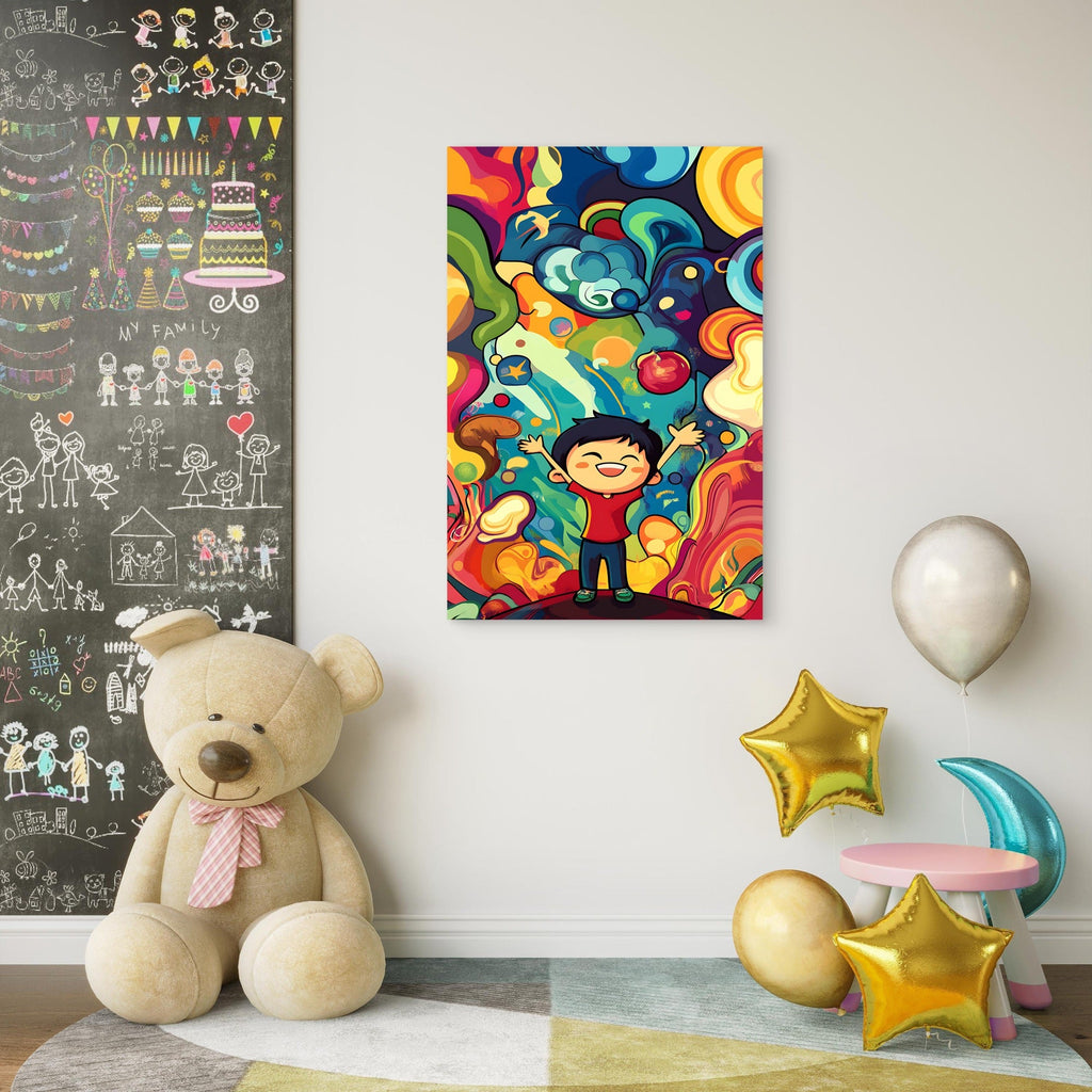 Happy Boy Surrounded By Colorful Abstract Shapes And Dreams 5mm thick Plastic Poster Ready to Hang 90x60cm