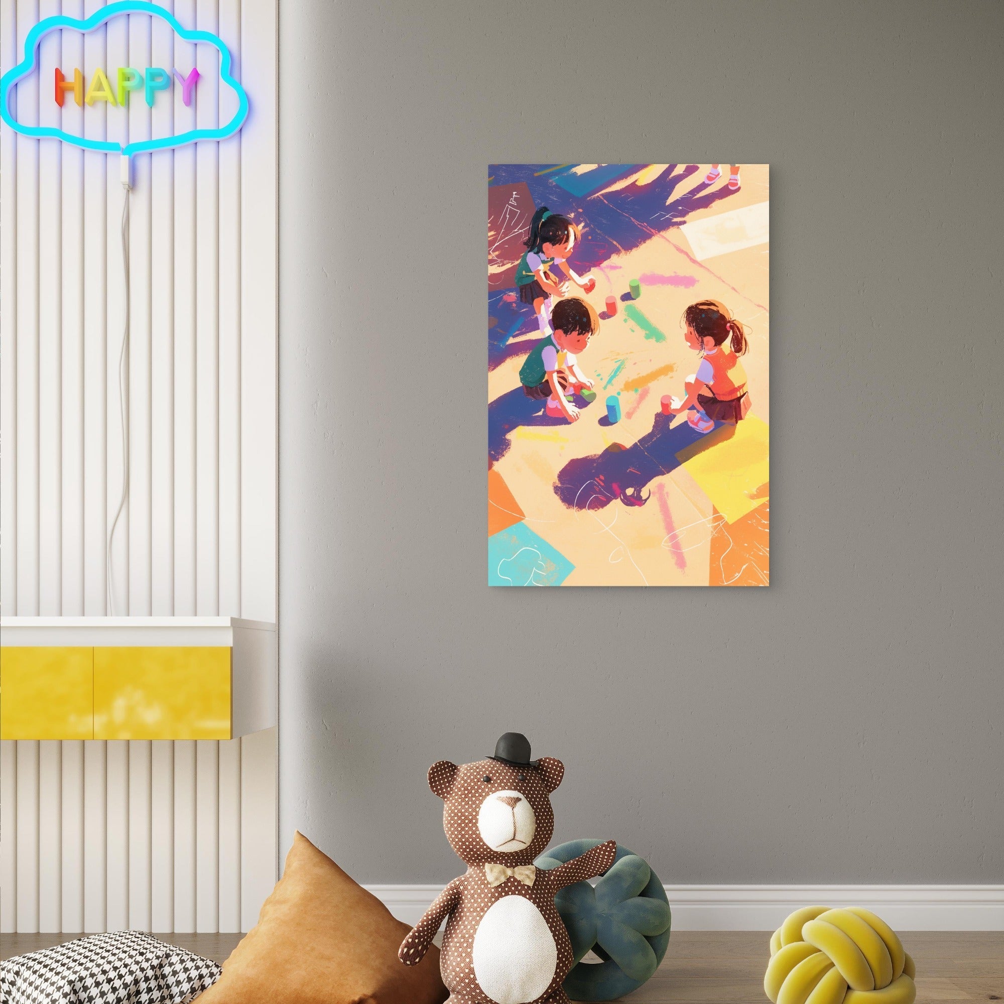 Children Playing With Chalk Outdoors 5mm thick Plastic Poster Ready to Hang 90x60cm