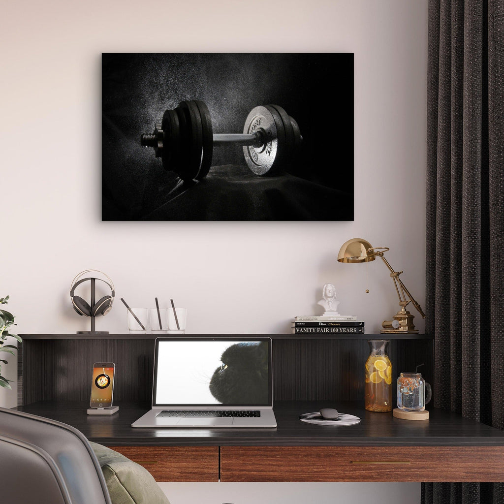 Black and White Dumbbell Weight Chalk Dust Splatter 5mm thick Plastic Poster Ready to Hang 90x60cm