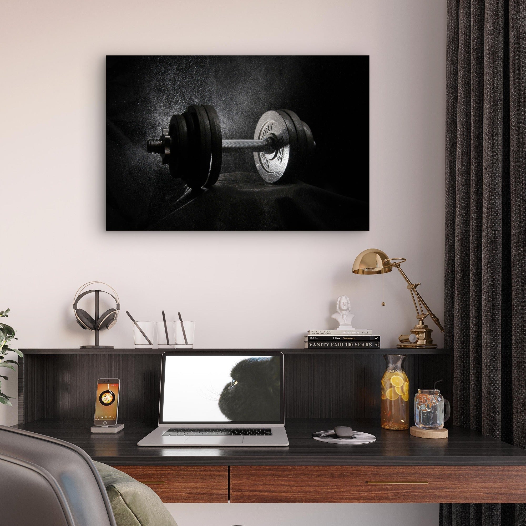 Black and White Dumbbell Weight Chalk Dust Splatter 5mm thick Plastic Poster Ready to Hang 90x60cm