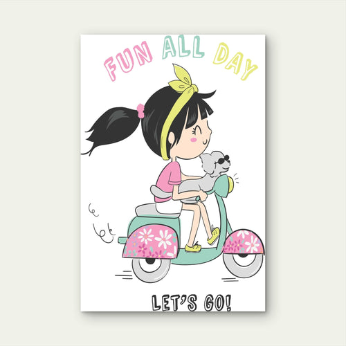 Cartoon Girl Riding Scooter With Dog Fun All Day 5mm thick Plastic Poster Ready to Hang 90x60cm