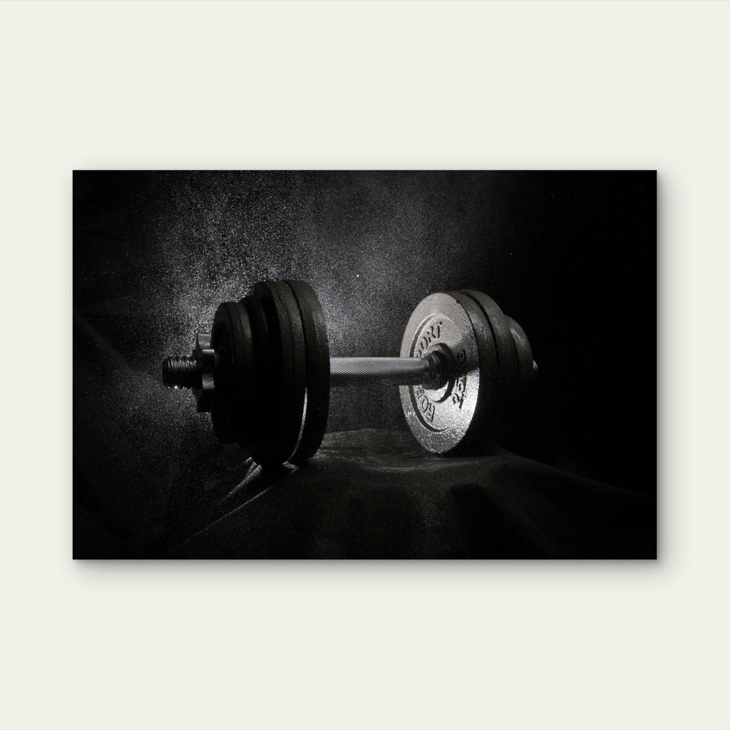 Black and White Dumbbell Weight Chalk Dust Splatter 5mm thick Plastic Poster Ready to Hang 90x60cm