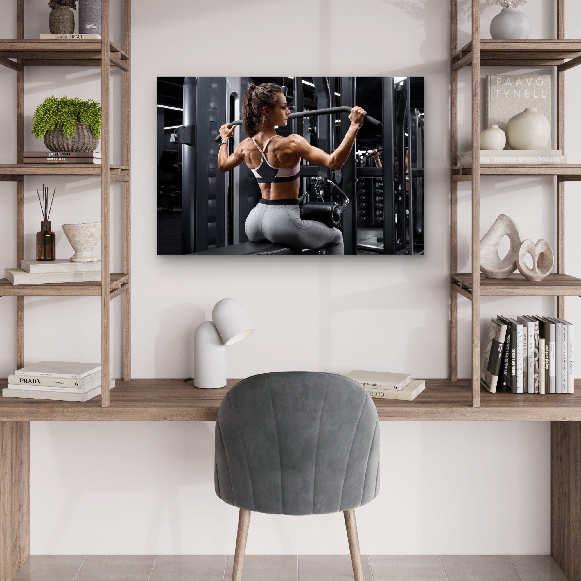 Female Athlete Using Lat Pulldown Machine Gym Fitness 5mm thick Plastic Poster Ready to Hang 90x60cm