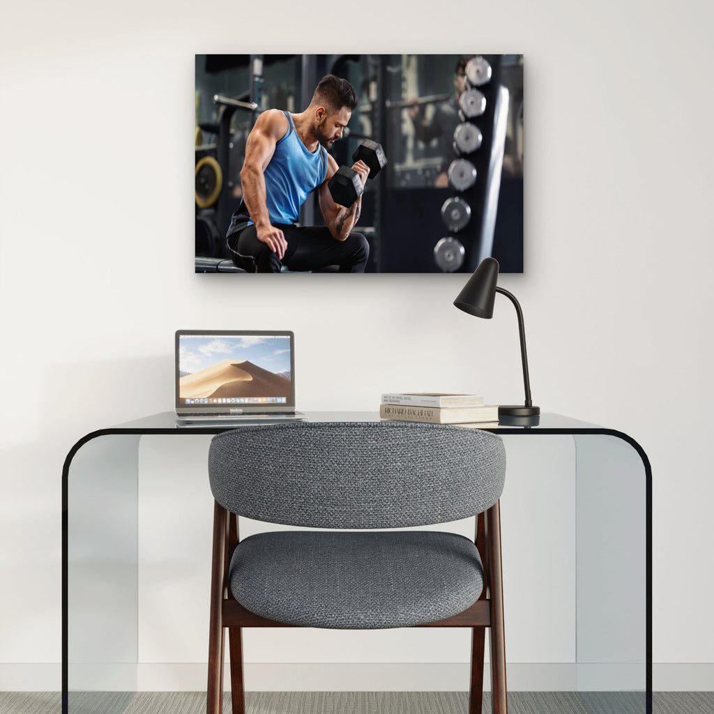 Man Doing Seated Dumbbell Bicep Curl Gym Fitness 5mm thick Plastic Poster Ready to Hang 90x60cm