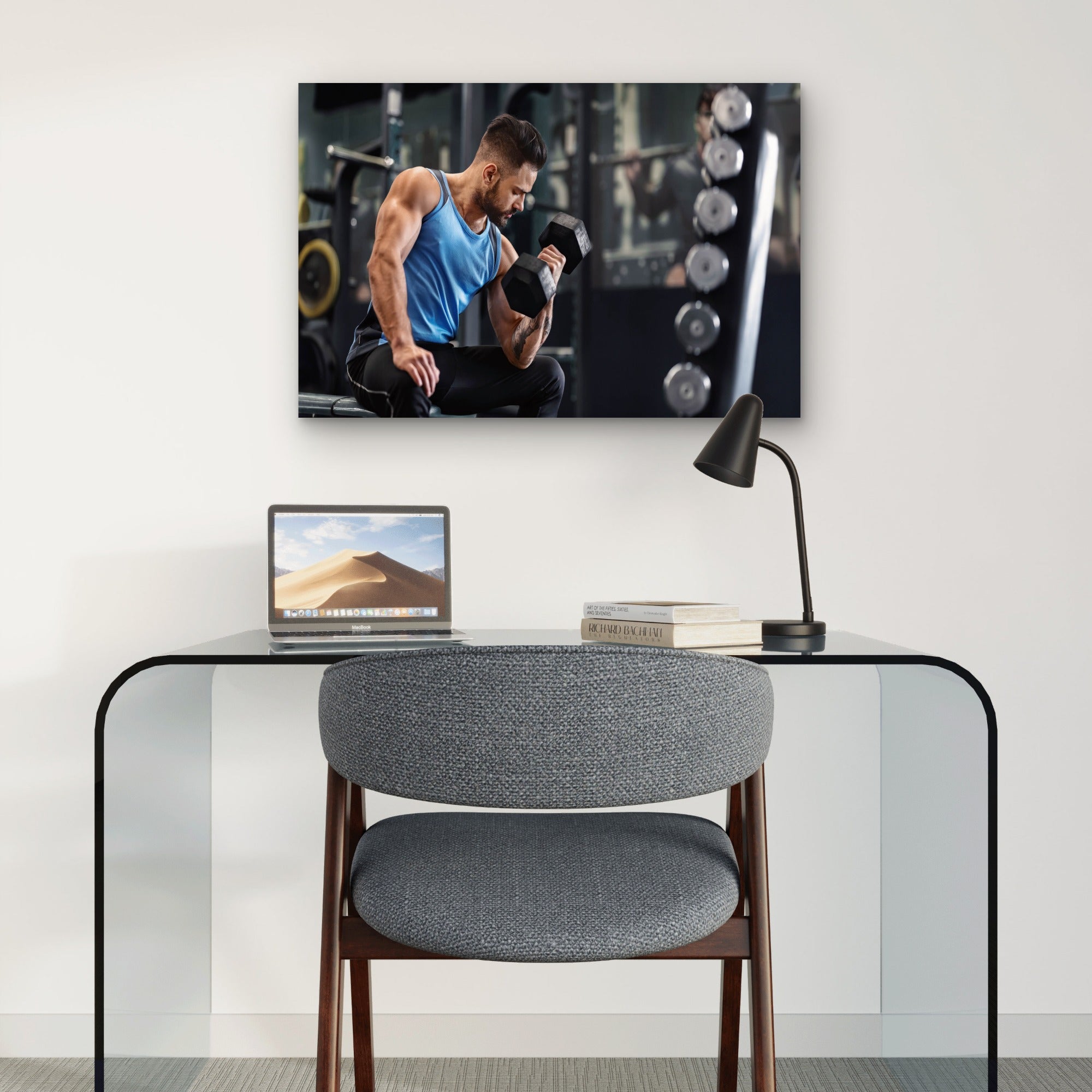 Man Doing Seated Dumbbell Bicep Curl Gym Fitness 5mm thick Plastic Poster Ready to Hang 90x60cm