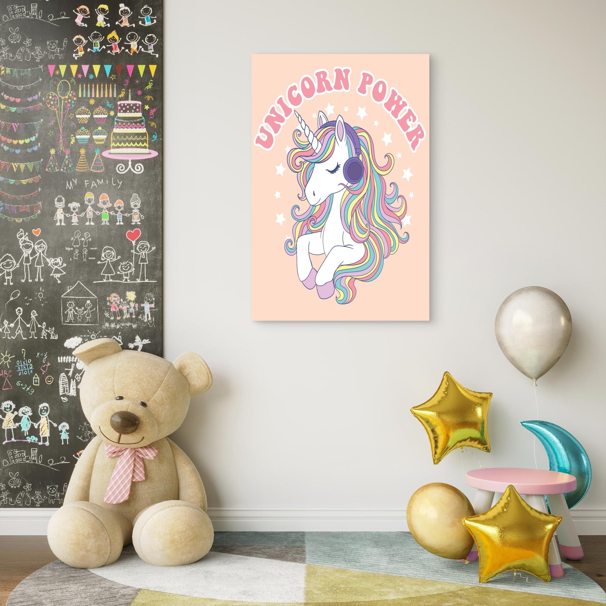 Unicorn Power Rainbow Mane Wearing Headphones 5mm thick Plastic Poster Ready to Hang 90x60cm