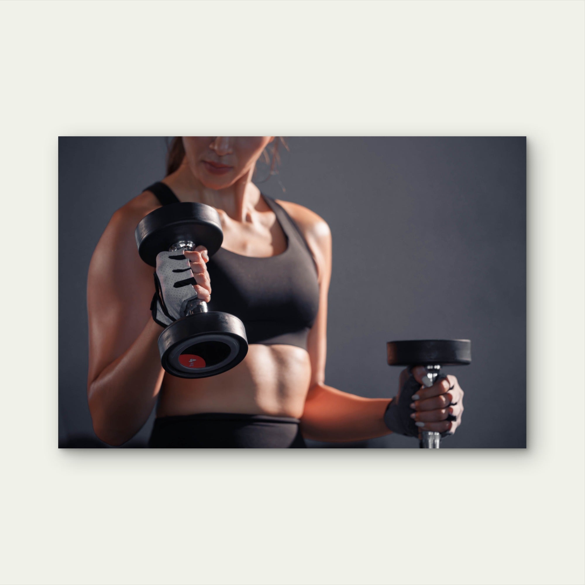 Female Athlete Lifting Dumbbells Gym Fitness 5mm thick Plastic Poster Ready to Hang 90x60cm