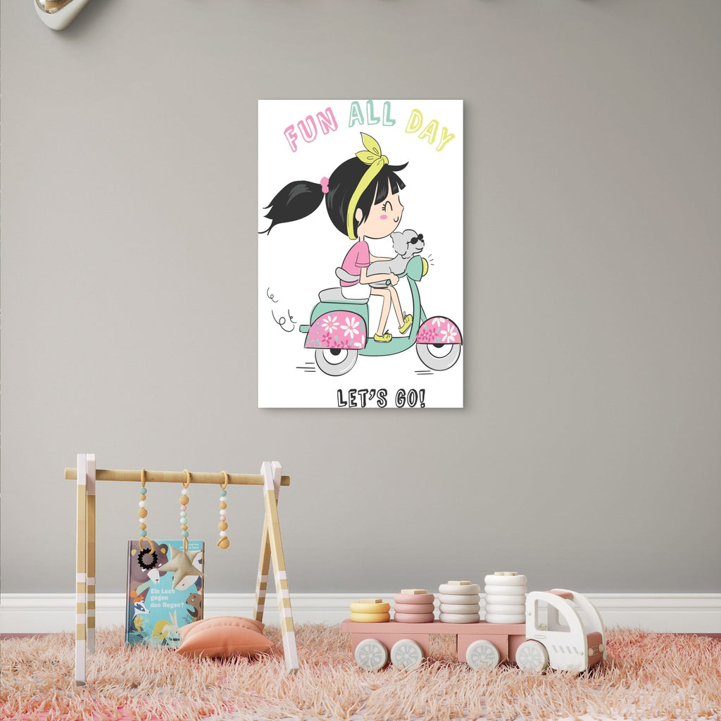 Cartoon Girl Riding Scooter With Dog Fun All Day 5mm thick Plastic Poster Ready to Hang 90x60cm