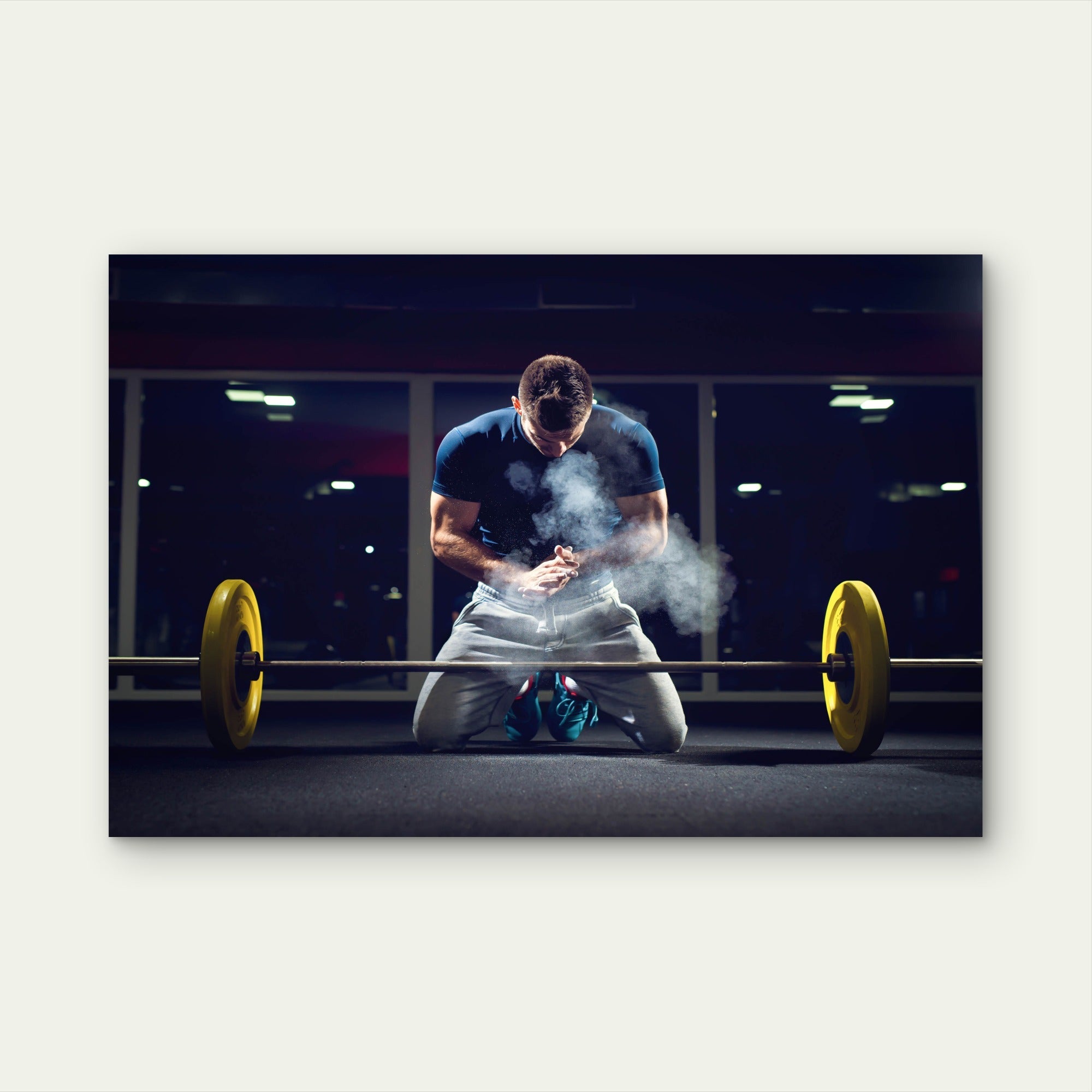 Weightlifter Kneeling With Chalk Gym Fitness 5mm thick Plastic Poster Ready to Hang 90x60cm