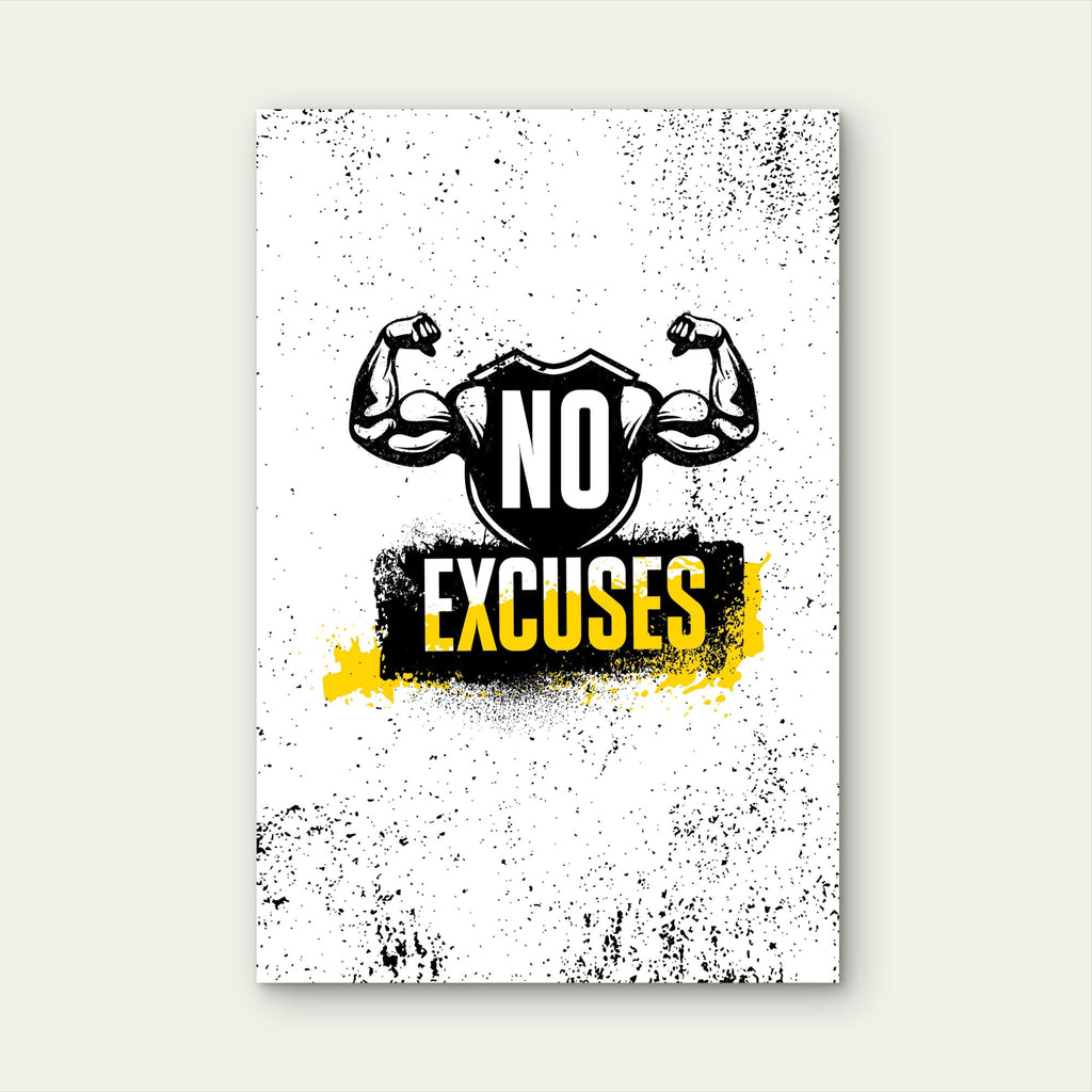 No Excuses Motivational Quote Shield Biceps Muscle Gym Fitness Black White Yellow 5mm thick Plastic Poster Ready to Hang 90x60cm