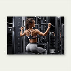 Female Athlete Using Lat Pulldown Machine Gym Fitness 5mm thick Plastic Poster Ready to Hang 90x60cm
