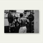 Black and White Man Barbell Back Squat Heavy Iron Gym Workout 5mm thick Plastic Poster Ready to Hang 90x60cm