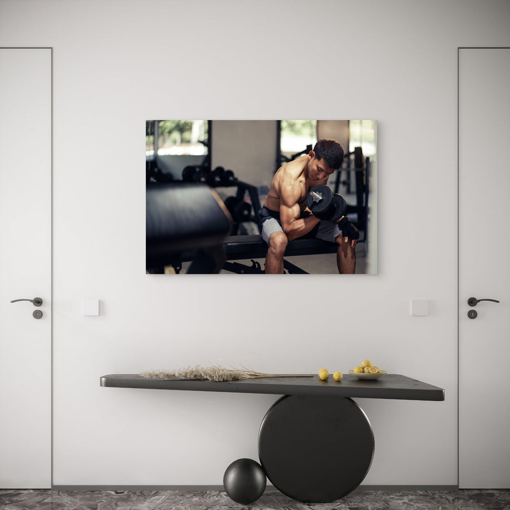 Man Lifting Dumbbell Bicep Curl Concentration Gym Fitness Workout 5mm thick Plastic Poster Ready to Hang 90x60cm