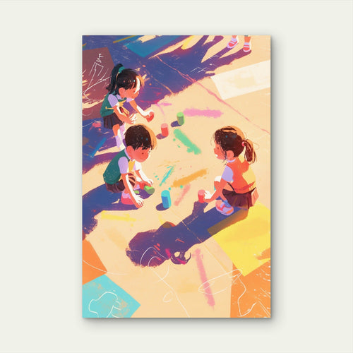 Children Playing With Chalk Outdoors 5mm thick Plastic Poster Ready to Hang 90x60cm
